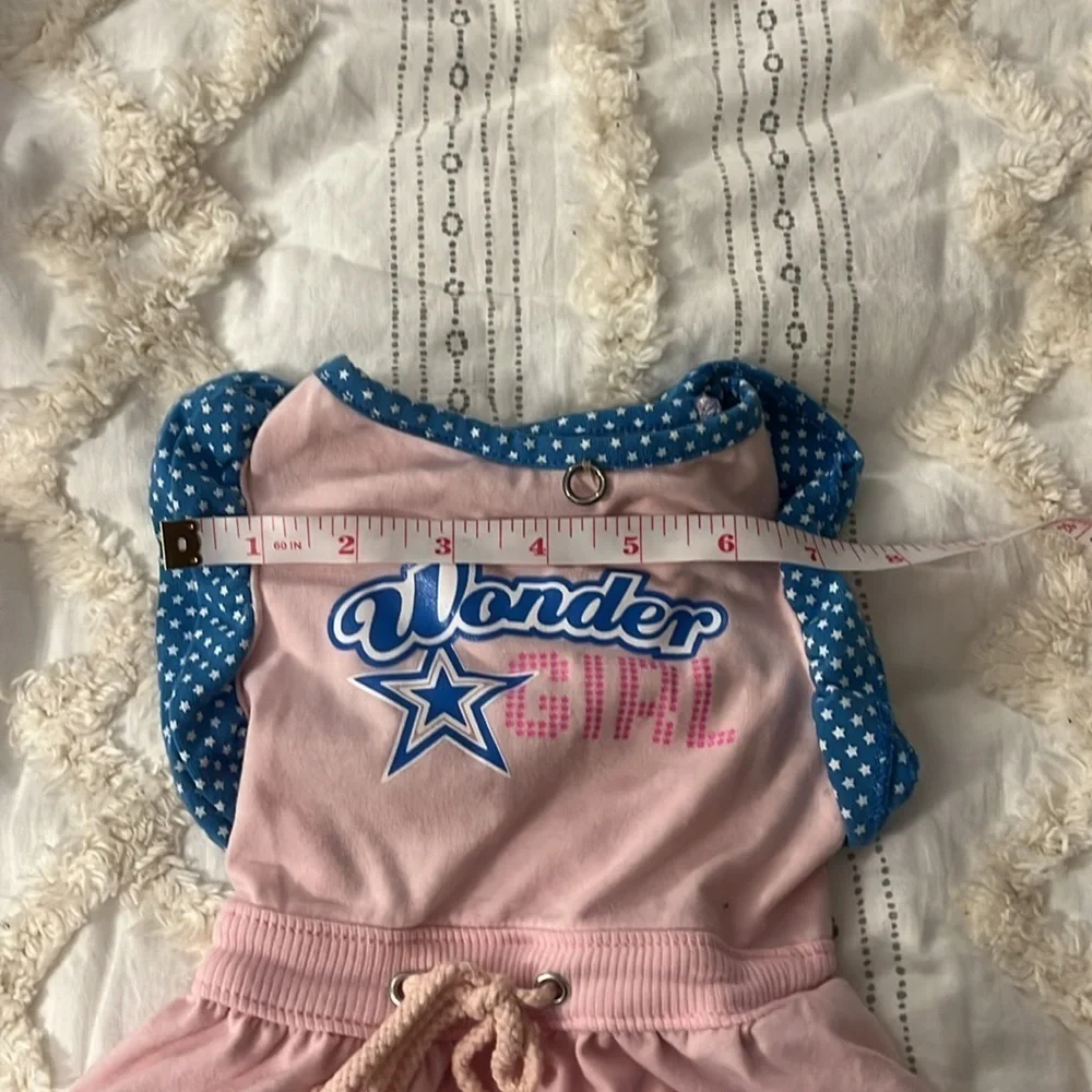 small pink and blue wonder girl dog dress